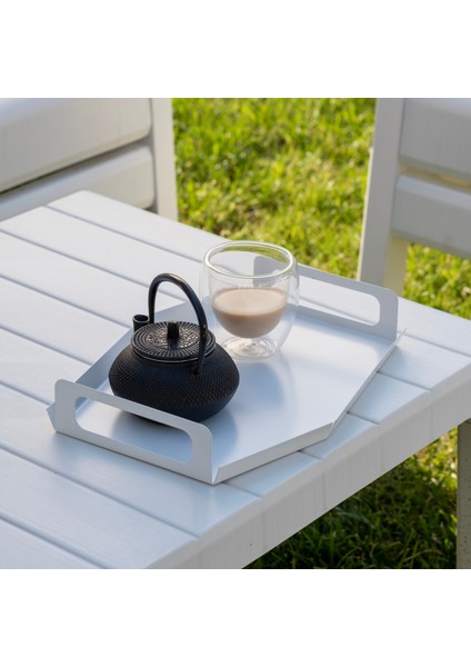 Beyaz Metal Çay & Kahve Tepsisi - Dekoratif Sunum Tepsisi - Moderna Large fiyatları