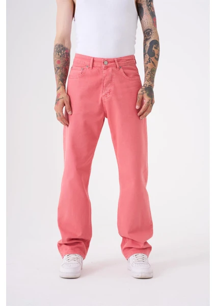 Dyed Baggy Gabardin Jeans Pantolon Pembe