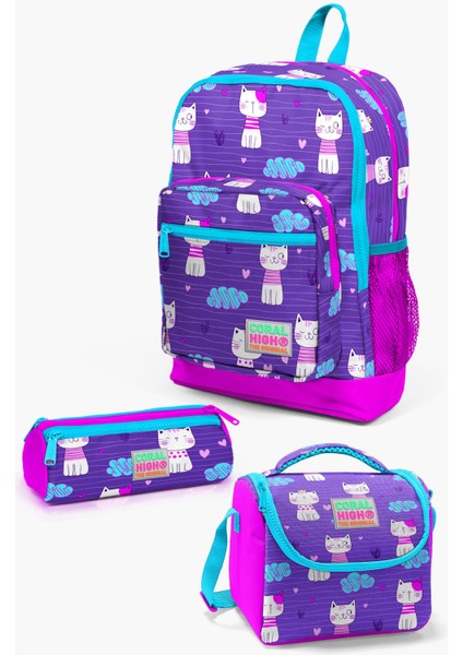 Kids Mor Pembe Kedi Desenli 3’lü Okul Çanta Seti SET0123464