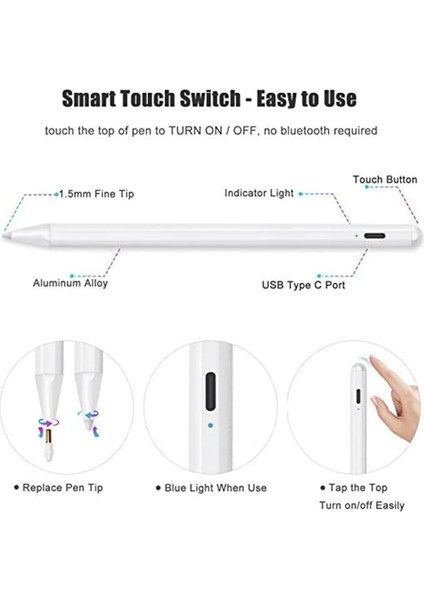 iPad 5. Jenerasyon ile Uyumlu ve Üstü Modeller 2018-2022 Profesyonel Dokunmatik Kalem Avuç Içi Reddetme Eğim Algılamalı Aktif Kapasitif Yedek Uçlu Palm Rejection Stylus Pen Alp5