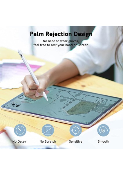 iPad 5. Jenerasyon ile Uyumlu ve Üstü Modeller 2018-2022 Profesyonel Dokunmatik Kalem Avuç Içi Reddetme Eğim Algılamalı Aktif Kapasitif Yedek Uçlu Palm Rejection Stylus Pen Alp5