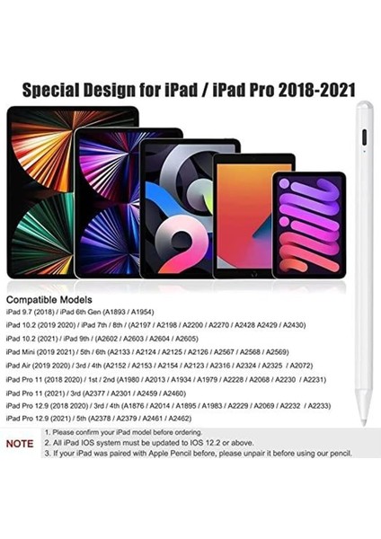 iPad 5. Jenerasyon ile Uyumlu ve Üstü Modeller 2018-2022 Profesyonel Dokunmatik Kalem Avuç Içi Reddetme Eğim Algılamalı Aktif Kapasitif Yedek Uçlu Palm Rejection Stylus Pen Alp5