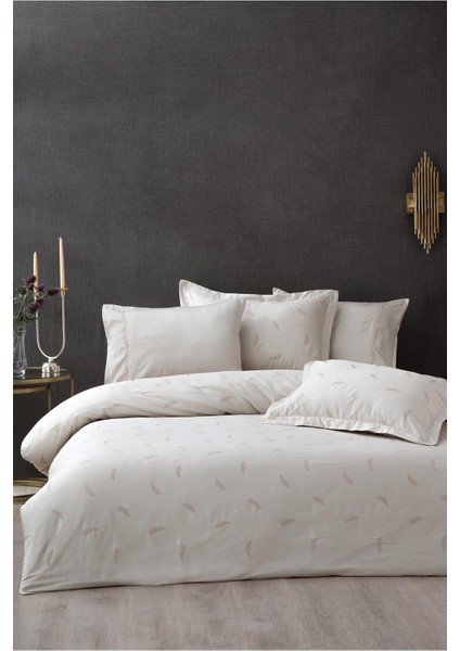 Güz Çift Kişilik Nevresim Takımı %100 Organik Pamuk Saten Brodeli Bej 200X220 cm