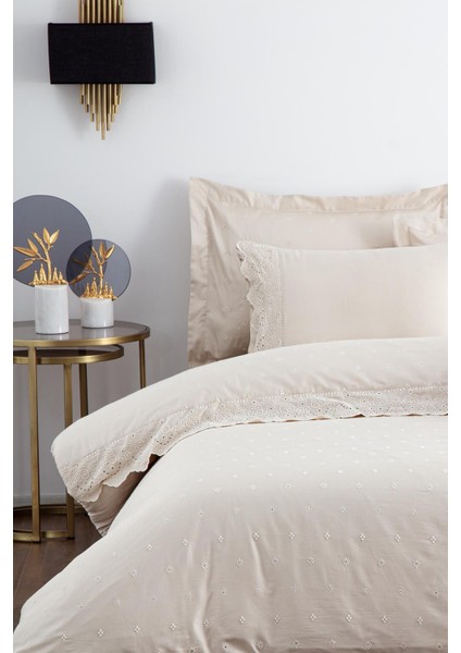Ahter Çift Kişilik Nevresim Takımı %100 Organik Pamuk Saten Brodeli Bej 200X220 cm fiyatları