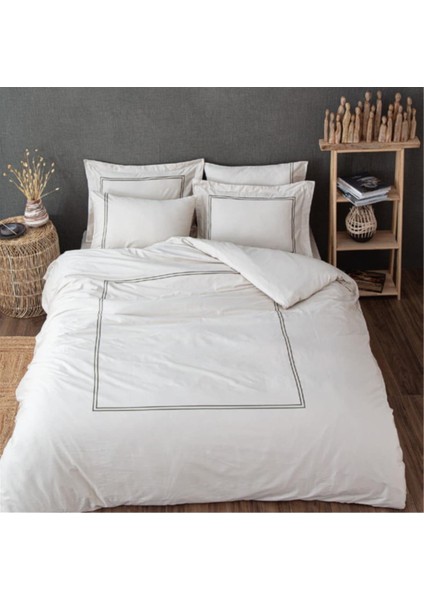 Lavin Çift Kişilik Nevresim Takımı %100 Organik Pamuk Saten Nakışlı Bej-Yeşil 200X220 cm