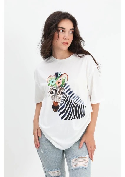 Vapur Tekstil T-Shirt Bisiklet Yaka Zebra Desenli - Ekru