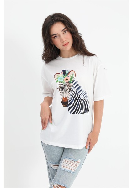 T-Shirt Bisiklet Yaka Zebra Desenli - Ekru