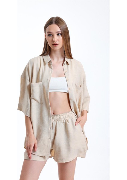 Fancy Kadın Keten Kumaş Truvakar Kol Oversize Basic Gömlek Şort İkili Takım