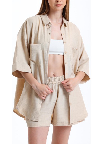 Fancy Kadın Keten Kumaş Truvakar Kol Oversize Basic Gömlek Şort İkili Takım