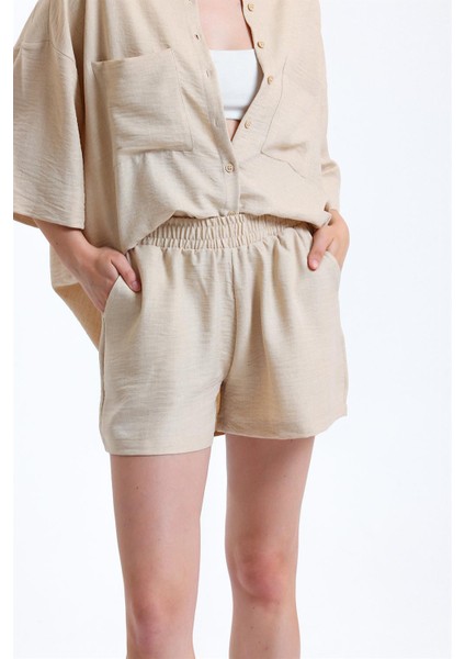 Fancy Kadın Keten Kumaş Truvakar Kol Oversize Basic Gömlek Şort İkili Takım