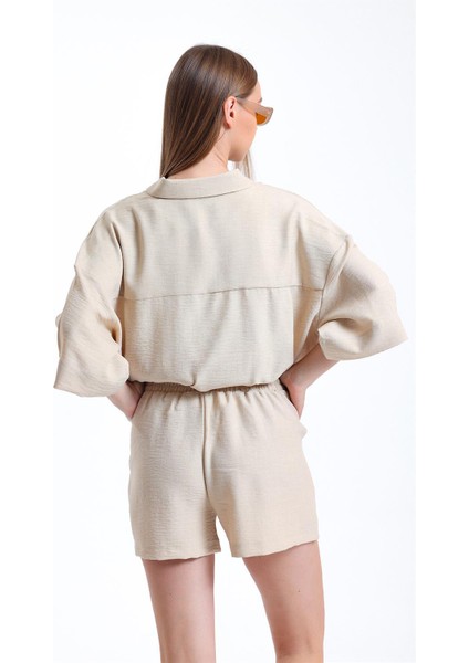 Fancy Kadın Keten Kumaş Truvakar Kol Oversize Basic Gömlek Şort İkili Takım