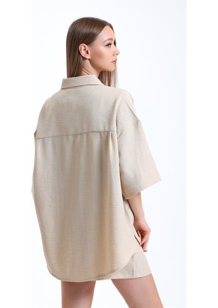 Fancy Kadın Keten Kumaş Truvakar Kol Oversize Basic Gömlek Şort İkili Takım