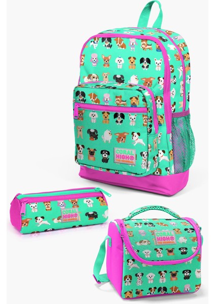 Kids Su Yeşili Neon Pembe Köpek Desenli 3’lü Okul Çanta Seti SET0123465