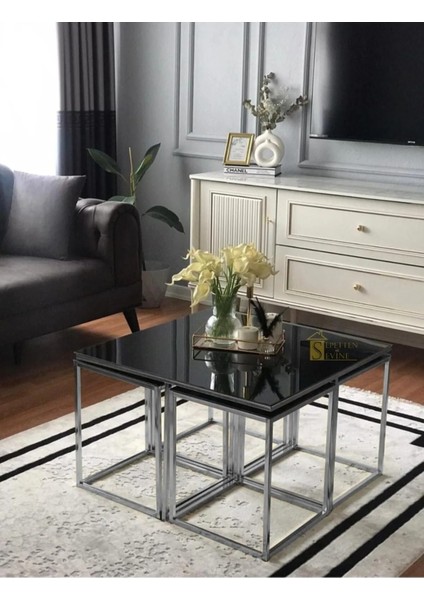 4+1 Siyah Cam Krom Ayak Kare Pizza Sehpa Seti