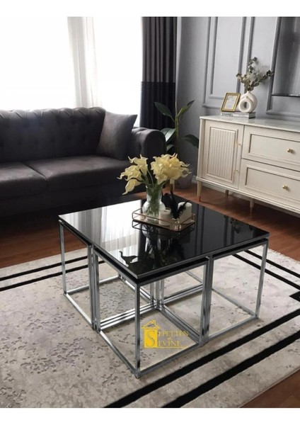 4+1 Siyah Cam Krom Ayak Kare Pizza Sehpa Seti fiyatları