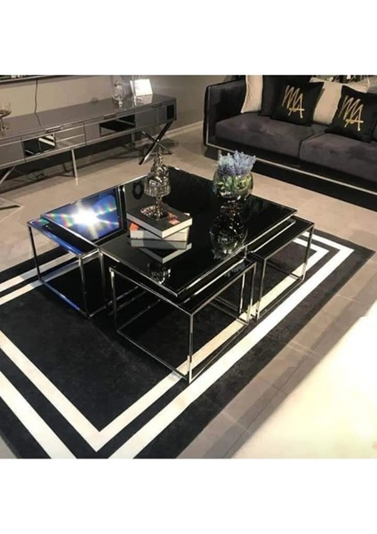 4+1 Siyah Cam Krom Ayak Kare Pizza Sehpa Seti modelleri