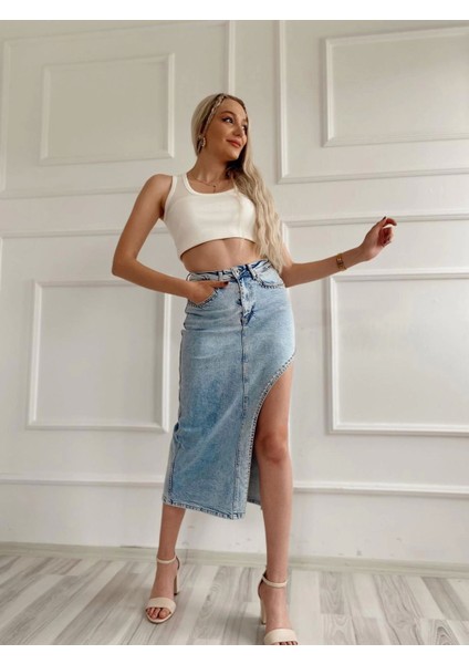 Kadın Taşlı Yırtmaç Detaylı Kot Etek Mavi fiyatları