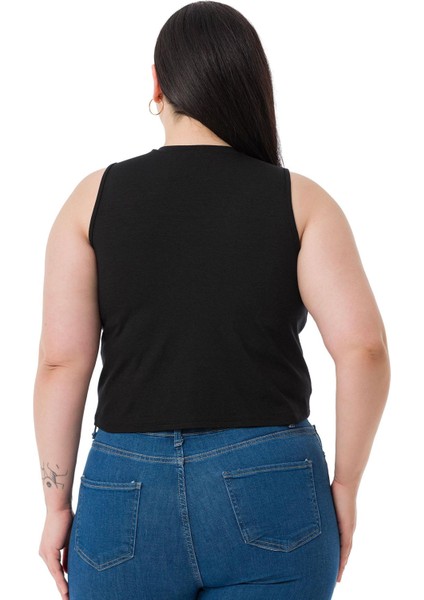 Büyük Beden Bisiklet Yaka Kolsuz Crop Viskon Siyah Body