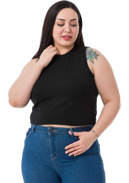 Büyük Beden Bisiklet Yaka Kolsuz Crop Viskon Siyah Body