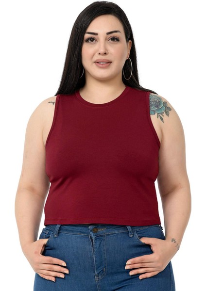 Büyük Beden Bisiklet Yaka Kolsuz Crop Viskon Bordo Body