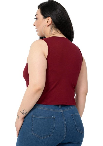 Büyük Beden Bisiklet Yaka Kolsuz Crop Viskon Bordo Body modelleri