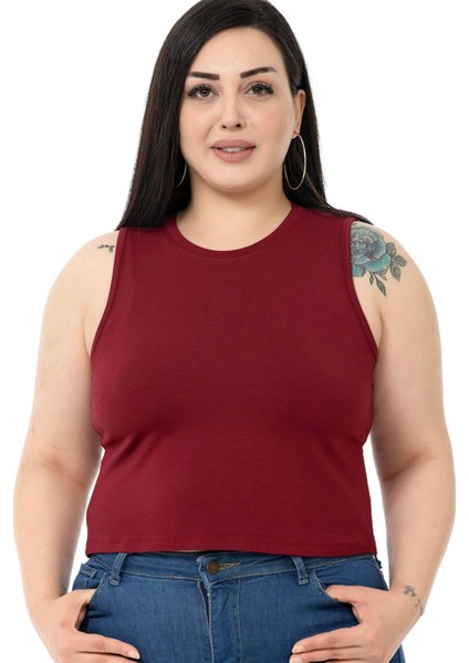 Büyük Beden Bisiklet Yaka Kolsuz Crop Viskon Bordo Body fırsatları