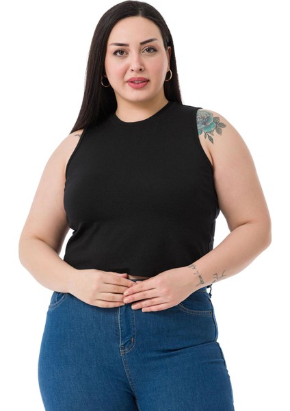 Büyük Beden Bisiklet Yaka Kolsuz Crop Viskon Siyah Body