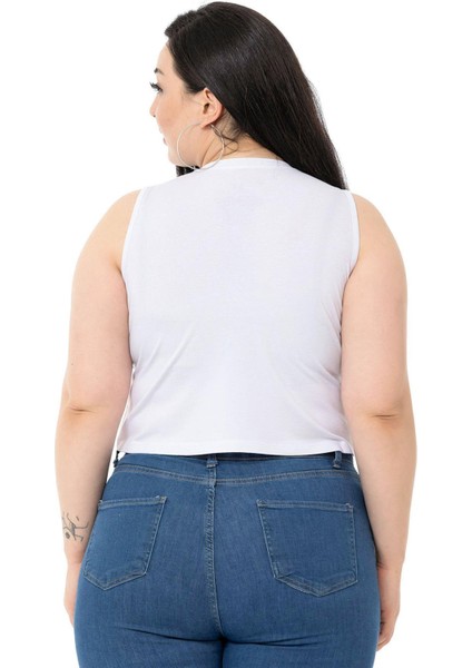 Büyük Beden Bisiklet Yaka Kolsuz Crop Viskon Beyaz Body modelleri