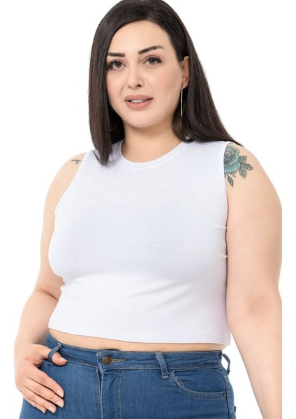 Büyük Beden Bisiklet Yaka Kolsuz Crop Viskon Beyaz Body fırsatları