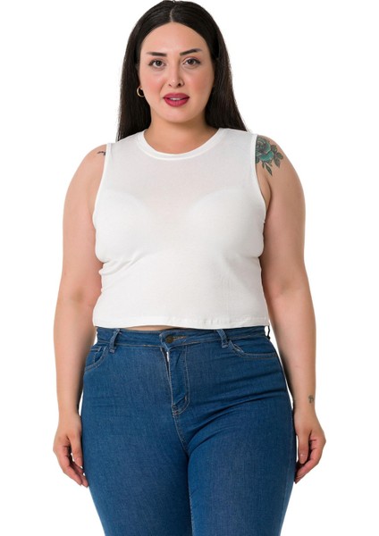 Büyük Beden Bisiklet Yaka Kolsuz Crop Viskon Ekru Body