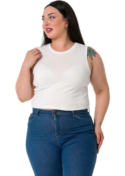 Büyük Beden Bisiklet Yaka Kolsuz Crop Viskon Ekru Body fırsatları