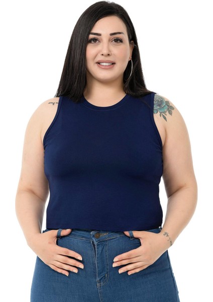 Büyük Beden Bisiklet Yaka Kolsuz Crop Viskon Lacivert Body