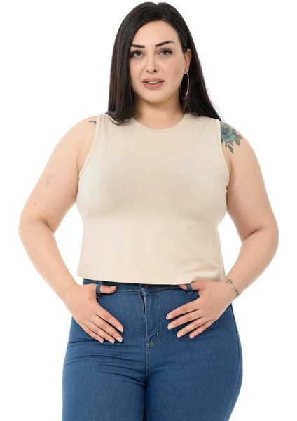 Büyük Beden Bisiklet Yaka Kolsuz Crop Viskon Bej Body