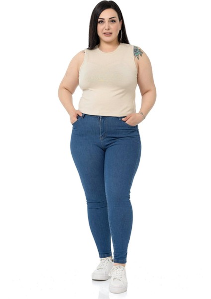 Büyük Beden Bisiklet Yaka Kolsuz Crop Viskon Bej Body fiyatları