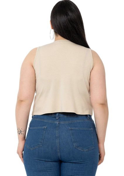 Büyük Beden Bisiklet Yaka Kolsuz Crop Viskon Bej Body modelleri