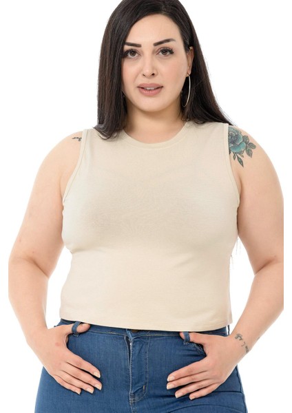Büyük Beden Bisiklet Yaka Kolsuz Crop Viskon Bej Body fırsatları