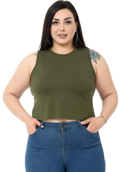 Büyük Beden Bisiklet Yaka Kolsuz Crop Viskon Haki Body