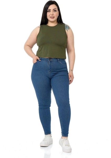 Büyük Beden Bisiklet Yaka Kolsuz Crop Viskon Haki Body fiyatları