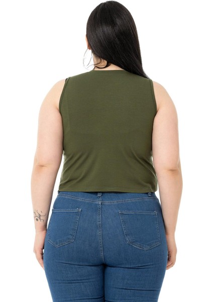 Büyük Beden Bisiklet Yaka Kolsuz Crop Viskon Haki Body modelleri