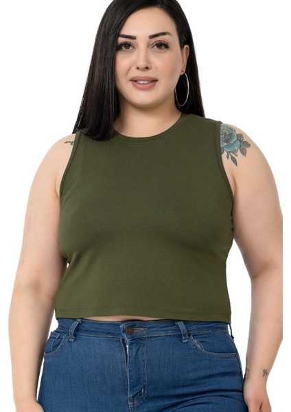 Büyük Beden Bisiklet Yaka Kolsuz Crop Viskon Haki Body fırsatları