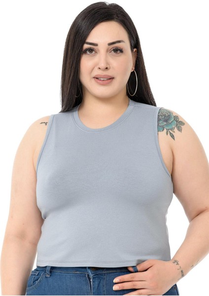 Büyük Beden Bisiklet Yaka Kolsuz Crop Viskon Açık Gri Body fırsatları