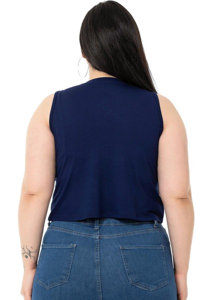 Büyük Beden Bisiklet Yaka Kolsuz Crop Viskon Lacivert Body