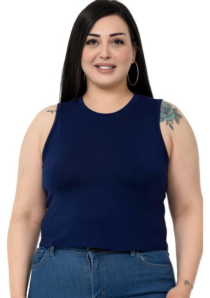 Büyük Beden Bisiklet Yaka Kolsuz Crop Viskon Lacivert Body