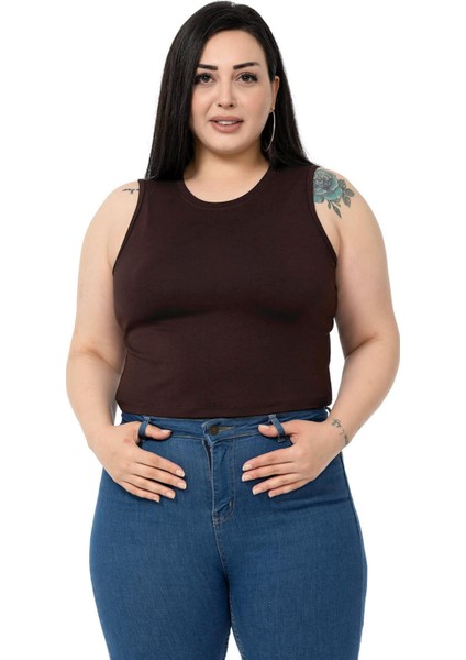 Büyük Beden Bisiklet Yaka Kolsuz Crop Viskon Kahverengi Body