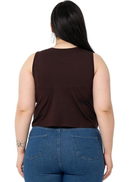 Büyük Beden Bisiklet Yaka Kolsuz Crop Viskon Kahverengi Body