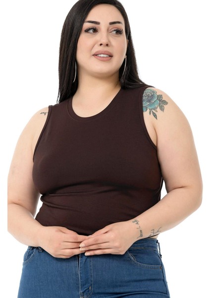 Büyük Beden Bisiklet Yaka Kolsuz Crop Viskon Kahverengi Body