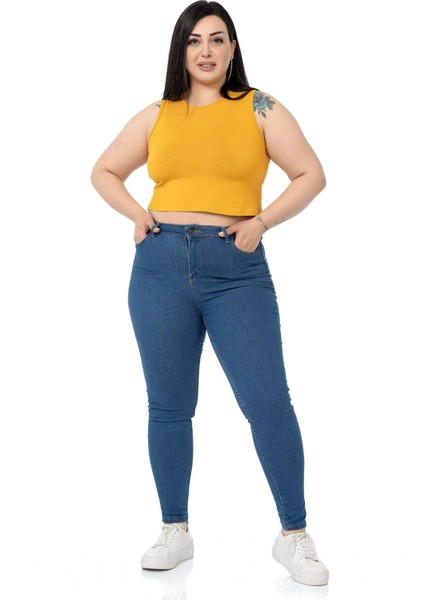 Büyük Beden Bisiklet Yaka Kolsuz Crop Viskon Hardal Body