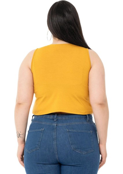 Büyük Beden Bisiklet Yaka Kolsuz Crop Viskon Hardal Body