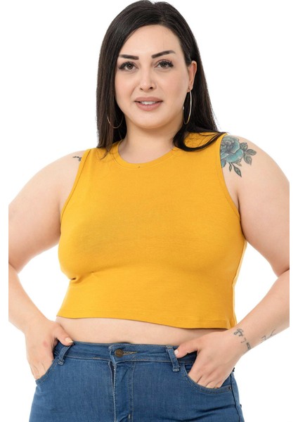 Büyük Beden Bisiklet Yaka Kolsuz Crop Viskon Hardal Body