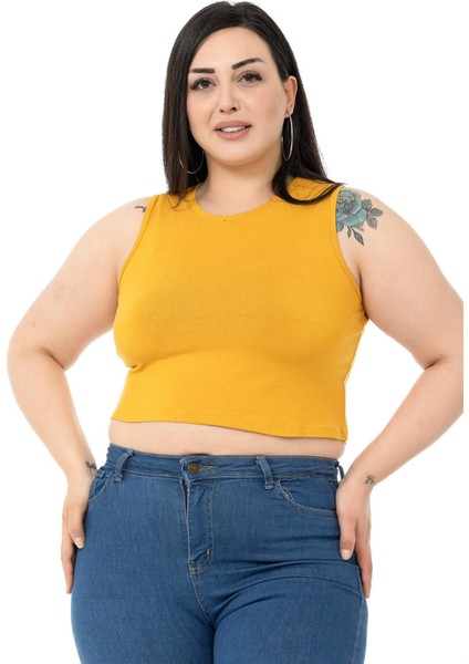 Büyük Beden Bisiklet Yaka Kolsuz Crop Viskon Hardal Body